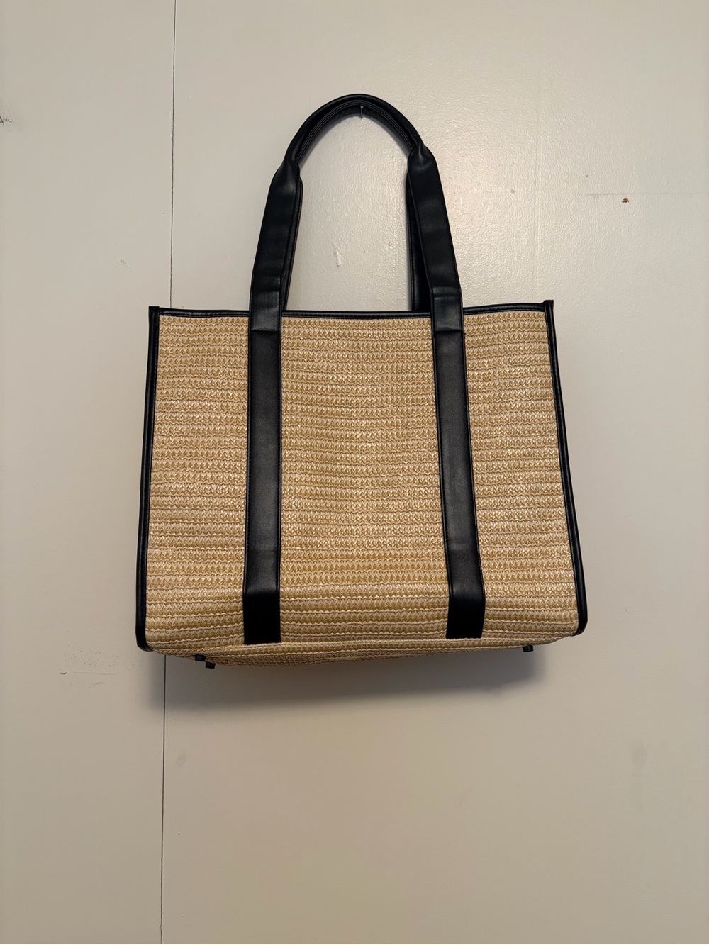 Neutral Straw Tote with Black Trim and Handles